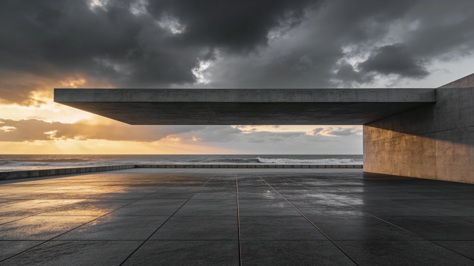 Original coastal canopy environment with ocean horizon, concrete architecture, and low evening light